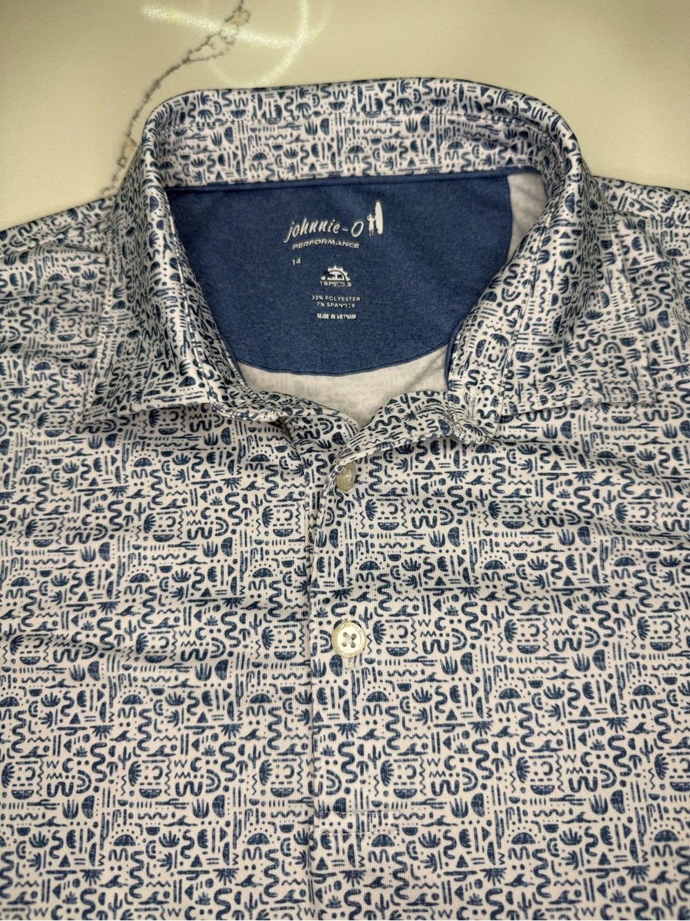 Johnnie-O Polo Shirt Boys Size 14 Lynny Printed Jersey Performance Polo Lake